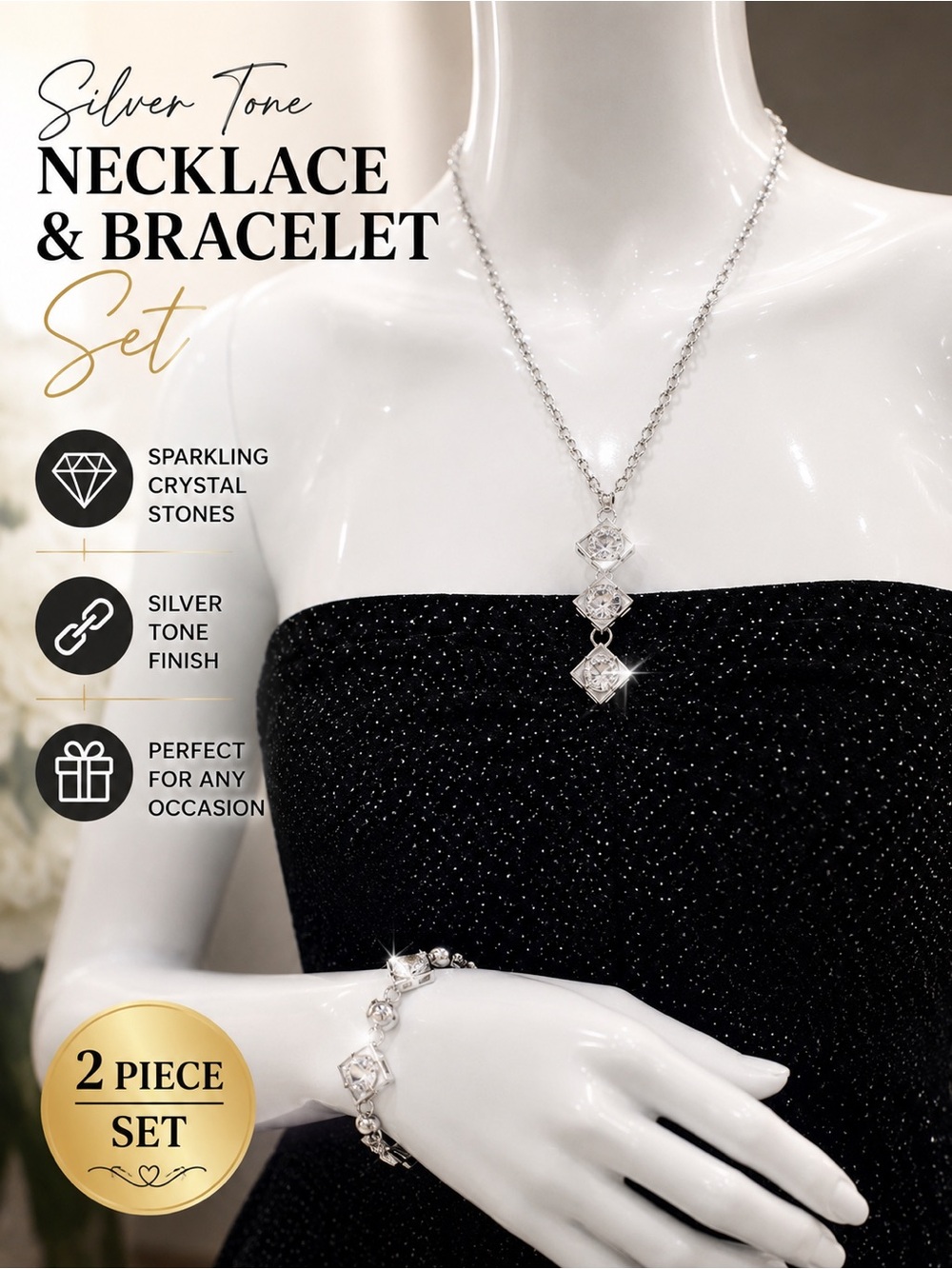 Silver Tone Crystal Rhinestone Necklace & Bracelet Jewelry Set